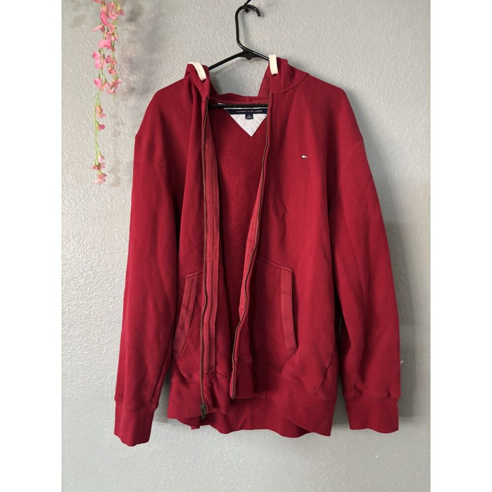 Tommy Hilfiger Red Full Zip Fleece Hoodie Jacket Logo Sweatshirt XL
